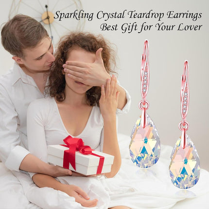 925 Sterling Silver Teardrop Purple Blue Aurora Borealis Crystals Leverback Earrings