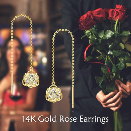 14K Gold  Flower Shape Crystal Threader Earrings for Women