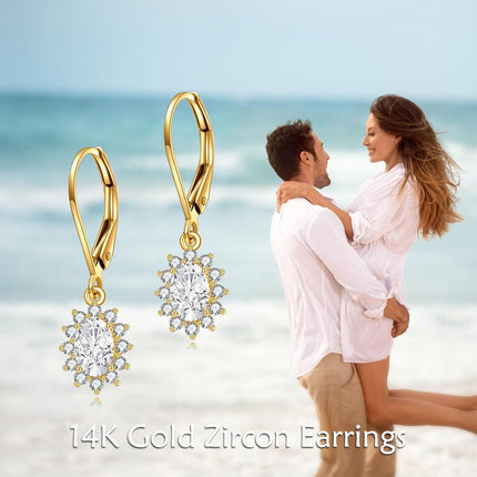 14K Gold Flower Shape CZ Dangle Drop Earrings for Women Birthday Gifts