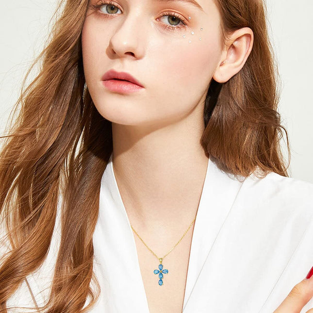 14K Gold Natural Blue Topaz Flower Pendant Necklace for Women 18 Chain Christian Gifts