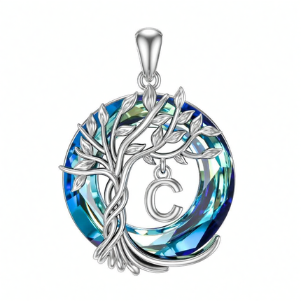 925 Sterling Silver Blue Crystal Tree of Life Initial Necklace Family Letter Pendant Birthday Mother s Day Gifts for Her