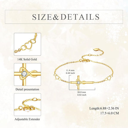 14K Gold Infinity Heart Cross CZ Charm Bracelet for Women Adjustable Religious s
