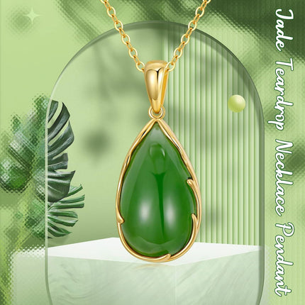 14K Gold Green Jade Tear Drop Pendant Necklace - 16 Chain