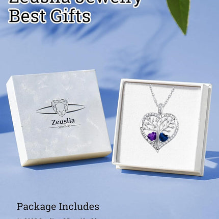 S925 Sterling Silver White Gold Plated 1Ct Amethyst & 1Ct Sapphire Tree of Life Heart Pendant Necklace for Women
