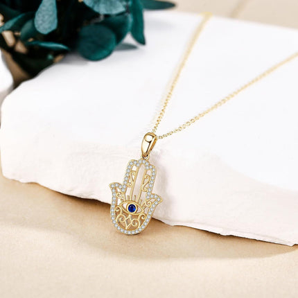 14K Gold Evil Eye Hamsa Pendant Necklace with Cubic Zirconia and Chain for Women