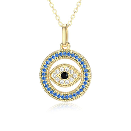 14K Gold Blue & White Crystal Evil Eye Pendant Necklace for Women