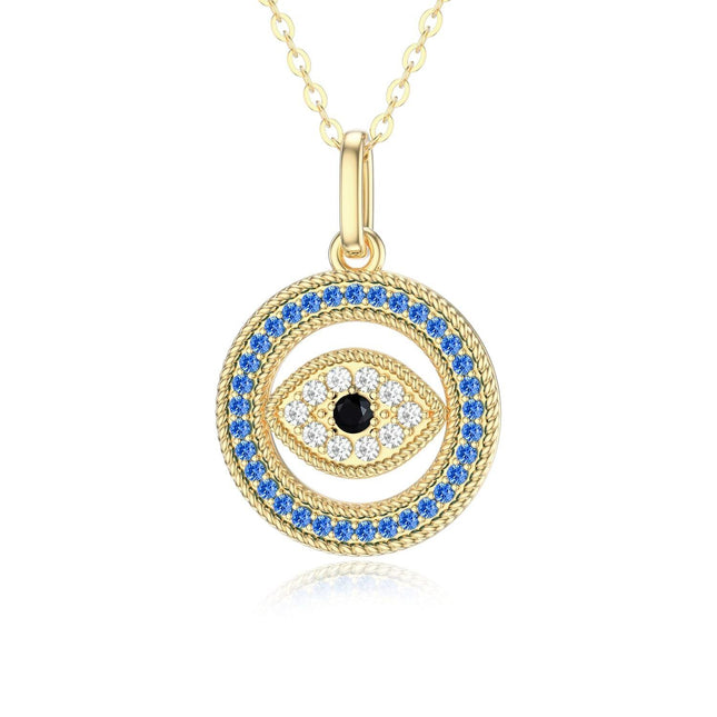 14K Gold Blue & White Crystal Evil Eye Pendant Necklace for Women