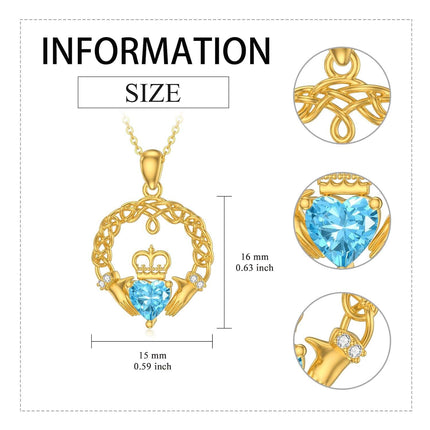 14K Gold Heart-Shaped Blue Crystal Crown and Hands Celtic Knot Claddagh Pendant Necklace for Women