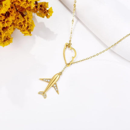 14K Gold & Cubic Zirconia Airplane Necklace - Y-Shaped Travel Pendant with Cloud Charm, Nickel-Free 16mm Airplane 13mm Cloud, 6.5-17 Adjustable Chain