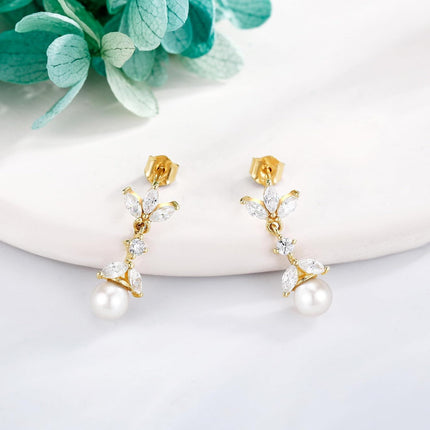 14K Gold Pearl Flower Drop Dangle Earring for Women Girls