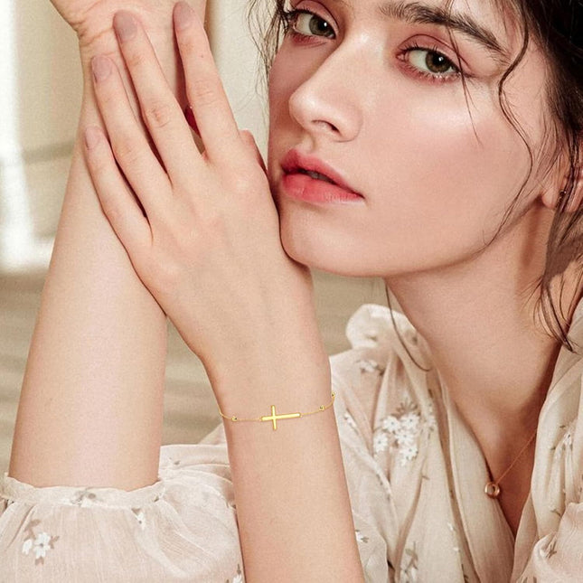 14k Gold Religious Cross Bracelet for Women Adjustable Link Chain