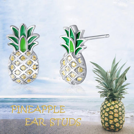 925 Sterling Silver Pineapple Stud Earrings with Green Enamel and Yellow CZs - Fashionable Gift for Women & Teenage Girls