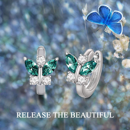 925 Sterling Silver Blue Simulated Aquamarine Crystal Butterfly Huggie Earrings
