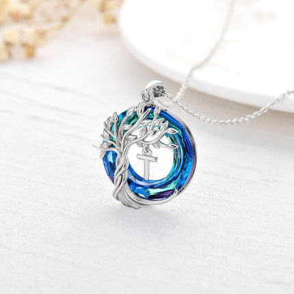 925 Sterling Silver Blue Crystal Tree of Life Initial Necklace Family Letter Pendant Birthday Mother s Day Gifts for Her