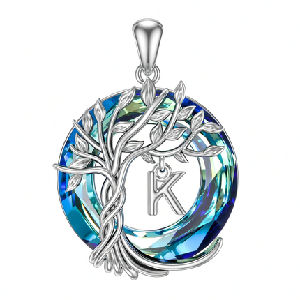925 Sterling Silver Blue Crystal Tree of Life Initial Necklace Family Letter Pendant Birthday Mother s Day Gifts for Her