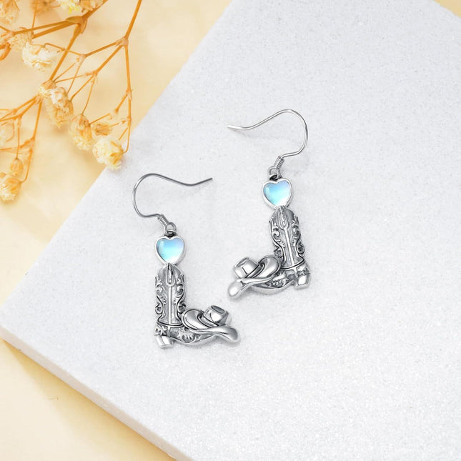 925 Sterling Silver Cowboy Boot & Hat Dangle Earrings with Heart Charm