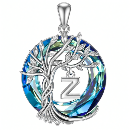925 Sterling Silver Blue Crystal Tree of Life Initial Necklace Family Letter Pendant Birthday Mother s Day Gifts for Her