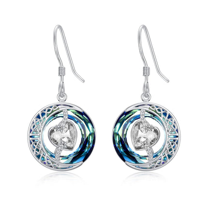 925 Sterling Silver Purple Heart & Blue Swarovski Crystals Round Drop Earrings for Women
