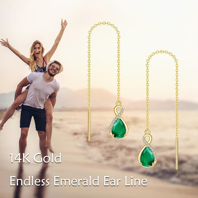 14K Gold Infinity Teardrop Emerald Threader Earrings for Women - 23rd Anniversary Gifts for Her