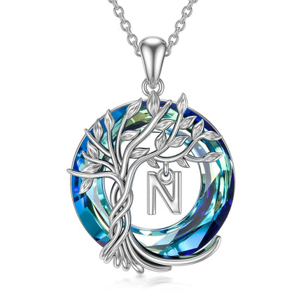 925 Sterling Silver Blue Crystal Tree of Life Initial Necklace Family Letter Pendant Birthday Mother s Day Gifts for Her