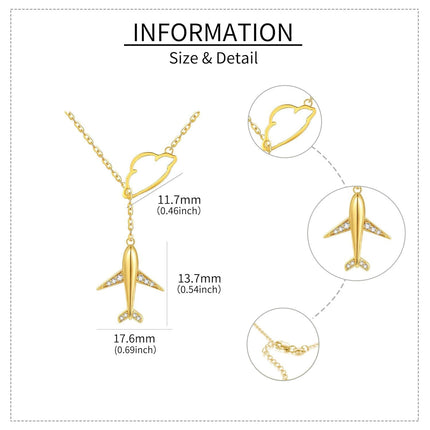 14K Gold & Cubic Zirconia Airplane Necklace - Y-Shaped Travel Pendant with Cloud Charm, Nickel-Free 16mm Airplane 13mm Cloud, 6.5-17 Adjustable Chain