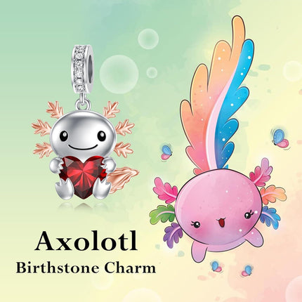 925 Sterling Silver Axolotl Charm with Red Heart Birthstone Bead for Bracelets Jewelry Making Gifts for Women
