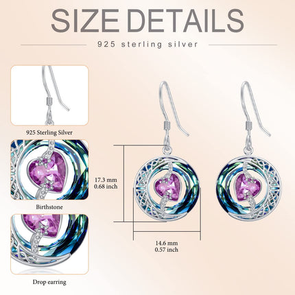 925 Sterling Silver Purple Heart & Blue Swarovski Crystals Round Drop Earrings for Women