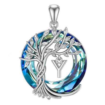 925 Sterling Silver Blue Crystal Tree of Life Initial Necklace Family Letter Pendant Birthday Mother s Day Gifts for Her