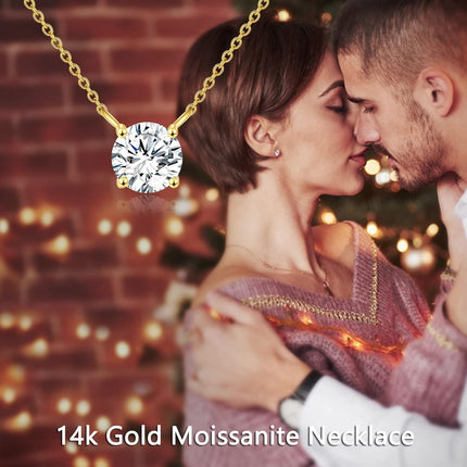 14K Rose Gold Moissanite Round Cut Solitaire Pendant Necklace 0.5-2 ct 16+2 Chain