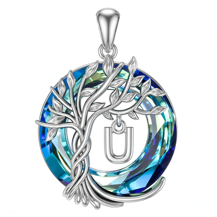 925 Sterling Silver Blue Crystal Tree of Life Initial Necklace Family Letter Pendant Birthday Mother s Day Gifts for Her