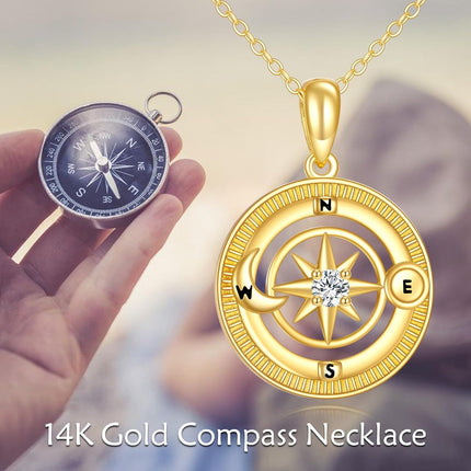 14K Gold Compass Pendant Necklace with Diamond Accent and Moon Phase Design for Women (Length: 36)