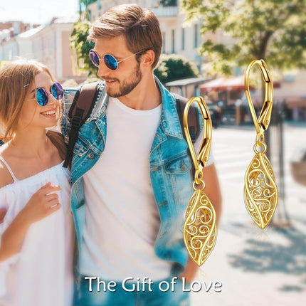 14k Solid Gold Filigree Drop Earrings for Women Leverback Fine Jewelry Birthday Gifts for Her