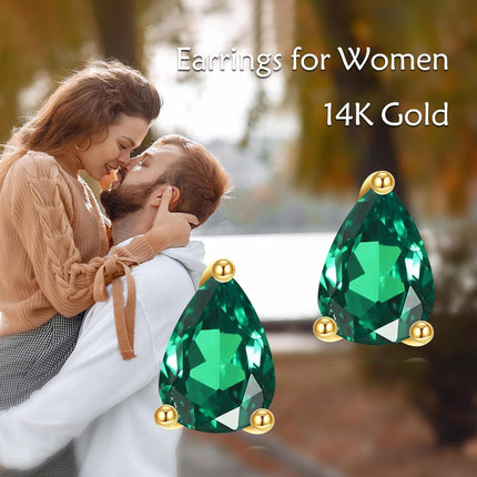14K Gold Emerald Pear-Shaped Stud Earrings for Women - Birthday & Christmas Gifts