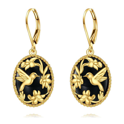 Gold-Plated 925 Sterling Silver Black Onyx Hummingbird and Flowers Drop Earrings
