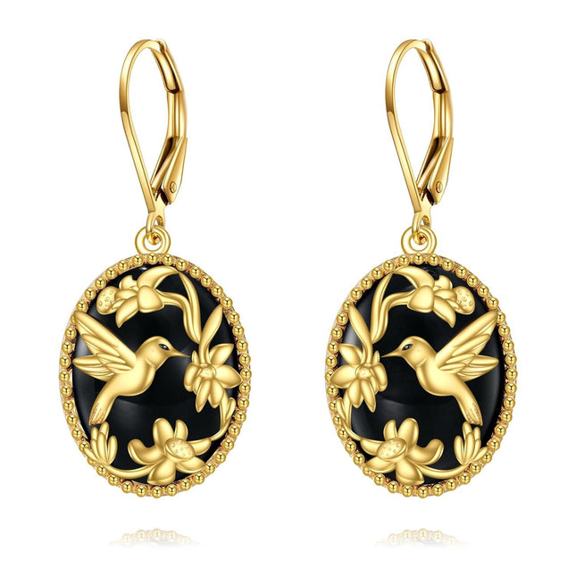 Gold-Plated 925 Sterling Silver Black Onyx Hummingbird and Flowers Drop Earrings