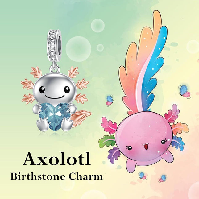 925 Sterling Silver Axolotl Charm with Blue Heart Birthstone for Bracelets Jewelry Making Gifts for Women
