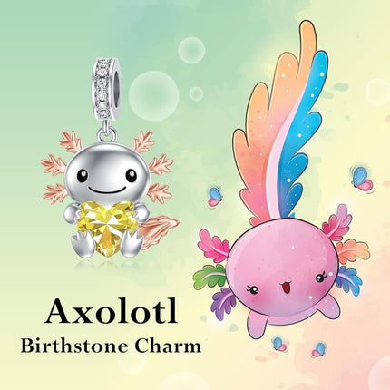 925 Sterling Silver Axolotl Charm with Citrine Birthstone for Bracelets Jewelry Making Gifts for Women