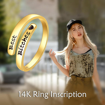 14K Solid Gold Adjustable Open Ring Inspirational Jewelry Gift for Women Men