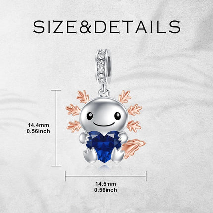 925 Sterling Silver Axolotl Charm with Sapphire Bead - 12.2-14.2mm September Birthstone Jewelry for Women
