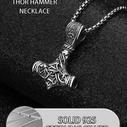 925 Sterling Silver Viking Mjolnir Hammer Pendant Necklace with 28 Rolo Chain for Men