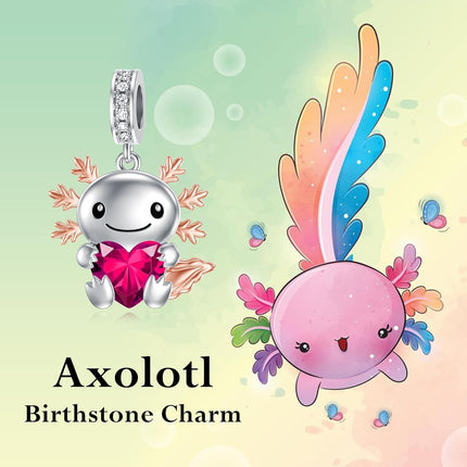 925 Sterling Silver Axolotl Charm with Pink Birthstone Heart Pendant for Bracelets Jewelry Making Gifts for Women
