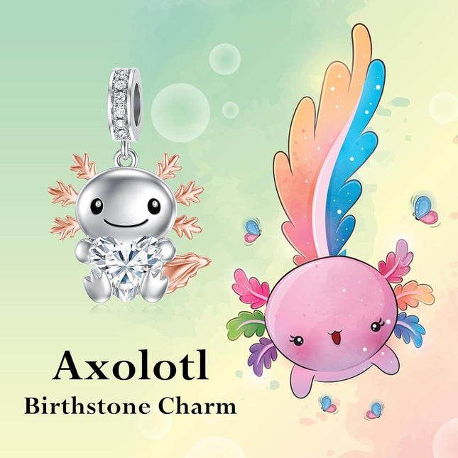 925 Sterling Silver Axolotl Charm Bead with White Zircon for Bracelet - April Birthstone Jewelry Gift for Women