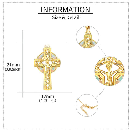 14K Gold Celtic Knot Opal Cross Pendant Necklace for Women