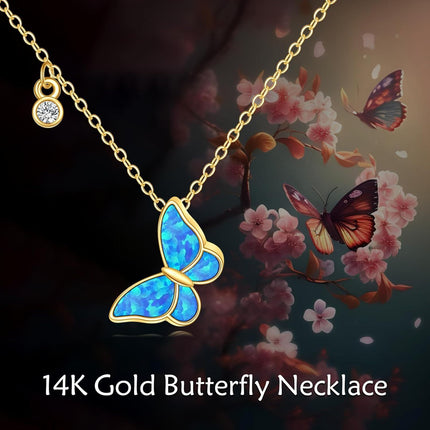 14K Gold Blue Opal Butterfly Charm Pendant Necklace for Women Girls