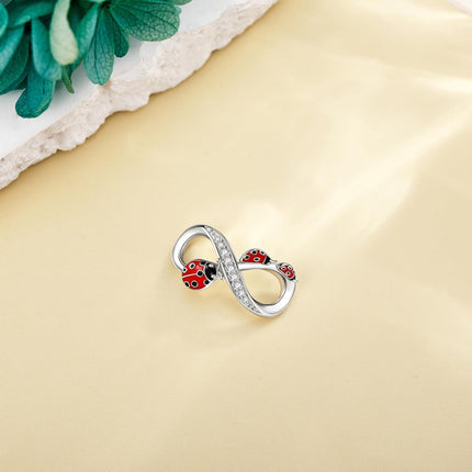 925 Sterling Silver Infinity Love Red Black Ladybug Pendant Bracelet & Necklace Set for Women's Gift