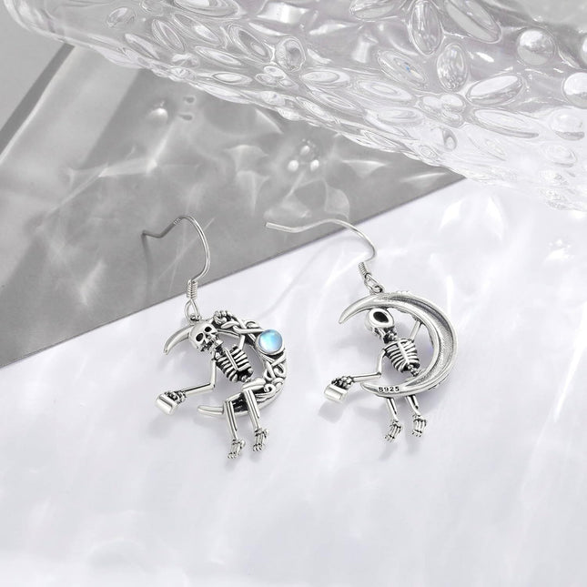 925 Sterling Silver Gothic Skeleton Moon Crescent Dangle Earrings for Women