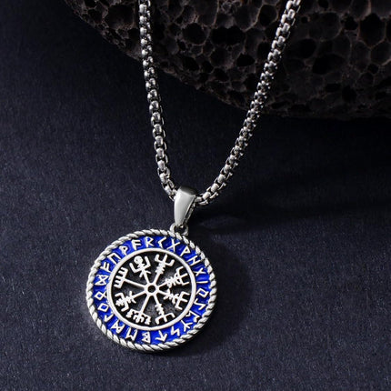 925 Sterling Silver Vegvisir Compass Norse Runes Pendant Necklace  Blue Enamel Viking Jewelry for Men Women Gift 47cm Chain Length