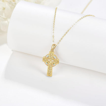 14K Gold Celtic Knot Opal Cross Pendant Necklace for Women
