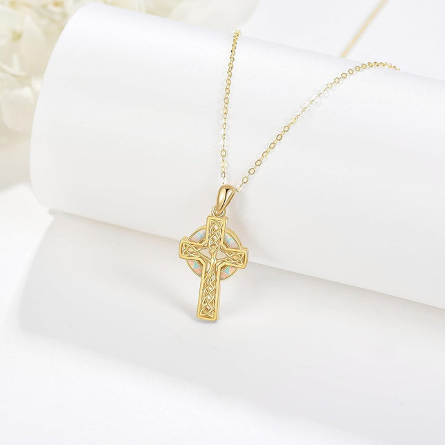 14K Gold Celtic Knot Opal Cross Pendant Necklace for Women