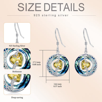 925 Sterling Silver Purple Heart & Blue Swarovski Crystals Round Drop Earrings for Women